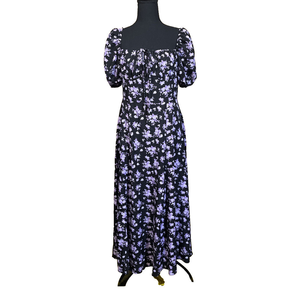 Y2K Milkmaid Babydoll Midi Dress Women's Large Black Floral Whimsigoth Fairy